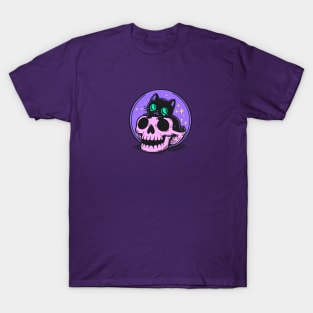 Black kitten sit in skull T-Shirt